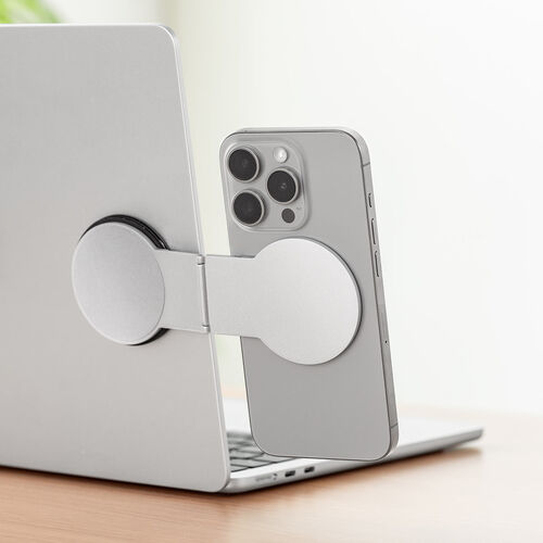 ノートパソコン用スマホホルダー MagSafe対応 スマホスタンド 折りたたみ式 持ち運び 360°回転 無段階角度調整 モニター設置可 iPhone Android メタルリング付属