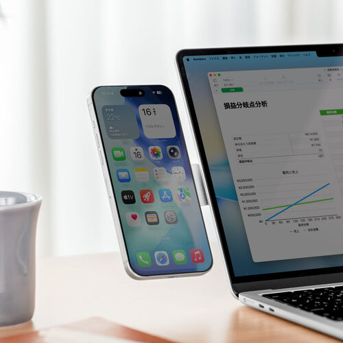 ノートパソコン用スマホホルダー MagSafe対応 スマホスタンド 折りたたみ式 持ち運び 360°回転 無段階角度調整 モニター設置可 iPhone Android メタルリング付属