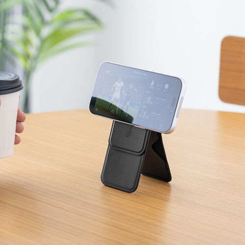 MagSafe対応スマホスタンド（2WAYスタンド・カード収納付き・カードケース・折りたたみ・薄型・マグネット着脱・角度調整・iPhone対応・動画視聴・オンライン会議・ブラック）