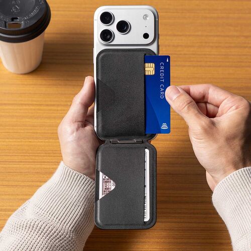 MagSafe対応スマホスタンド（2WAYスタンド・カード収納付き・カードケース・折りたたみ・薄型・マグネット着脱・角度調整・iPhone対応・動画視聴・オンライン会議・ブラック）