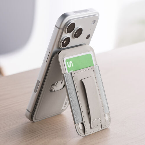 MagSafe対応スマホスタンド（カード収納付き・カードケース・マグネット着脱・角度調整・指フック・iPhone対応・ライトグレー）