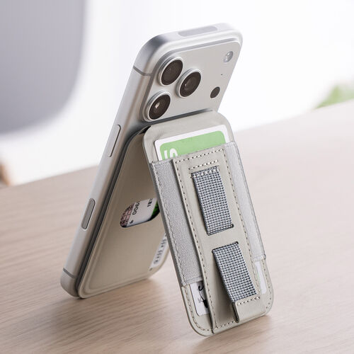 MagSafe対応スマホスタンド（カード収納付き・カードケース・マグネット着脱・角度調整・伸縮指フック・iPhone対応・ライトグレー）