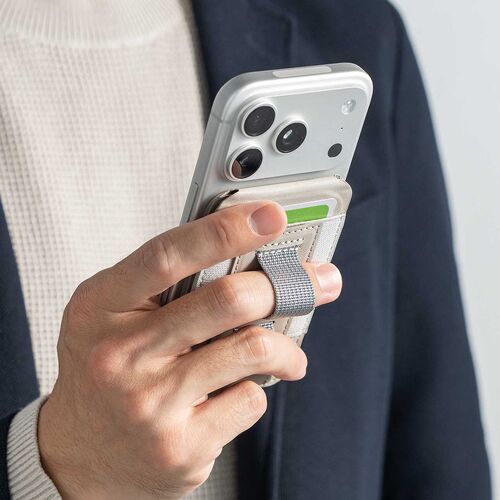 MagSafe対応スマホスタンド（カード収納付き・カードケース・マグネット着脱・角度調整・伸縮指フック・iPhone対応・ライトグレー）