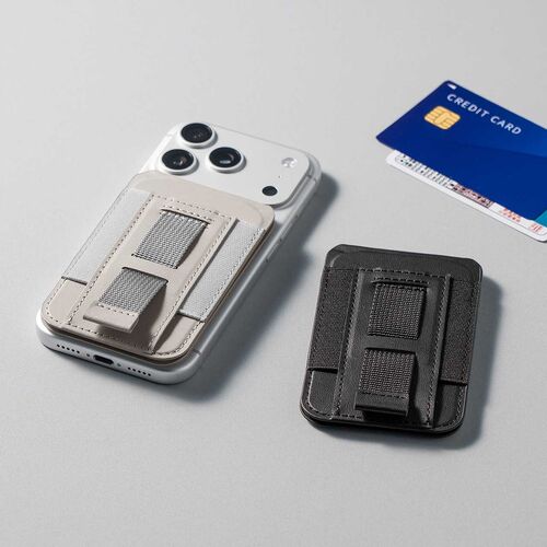 MagSafe対応スマホスタンド（カード収納付き・カードケース・マグネット着脱・角度調整・伸縮指フック・iPhone対応・ライトグレー）