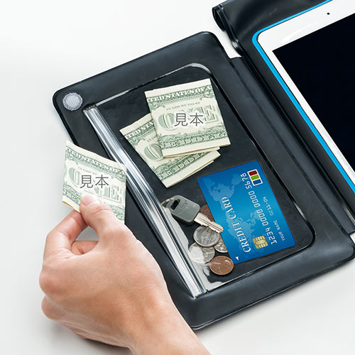 iPad・タブレット対応防水ケース（8インチまで対応・小物ポケット付き・ストラップ付属・防水ポーチ・小銭/カード収納対応・IPX7）