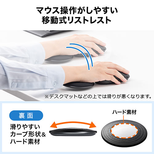 リストレスト（丸形・エルゴノミクス・腱鞘炎防止・マウス操作連動・ハード素材・小型・ブラック）