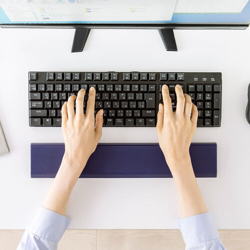 リストレスト（シリコン製・UVコーティング・幅42cm・フルキーボード対応・リブ構造・簡単お手入れ・アームレスト・ブルー）