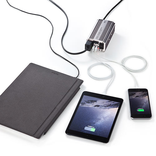 カーインバーター（ACコンセント・USBポート・120W・DC12V・アルミ筐体・擬似正弦波）