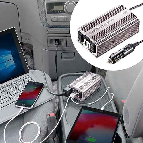 カーインバーター（ACコンセント・USBポート・120W・DC12V・アルミ筐体・擬似正弦波）