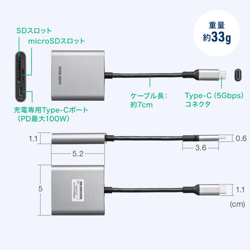 Type-Cカードリーダー（PD100W対応・microSD・SD・UHS-I・アルミ・コンパクト・iPhone15・iPad）