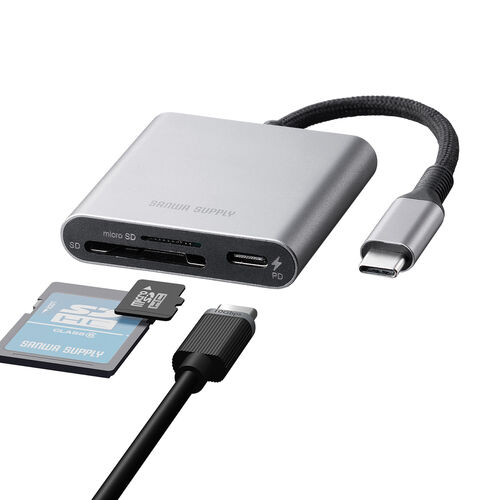 Type-Cカードリーダー（PD100W対応・microSD・SD・UHS-II・メッシュケーブル・アルミ・コンパクト・iPhone15・iPad）