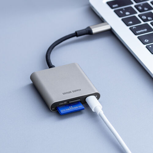 Type-Cカードリーダー（PD100W対応・microSD・SD・UHS-II・メッシュケーブル・アルミ・コンパクト・iPhone15・iPad）