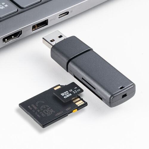 USB A カードリーダー（スライド式・キャップ・SDカード・microSDカード・USB5Gbps・コンパクト・ガンメタリック）