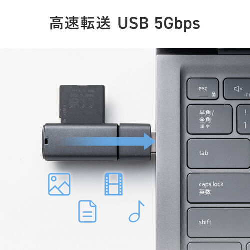USB A カードリーダー（スライド式・キャップ・SDカード・microSDカード・USB5Gbps・コンパクト・ガンメタリック）