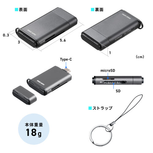 USB-C カードリーダー（UHS-II 対応・SDカード・microSDカード・同時認識・コンパクト・USB3.0・USB 5Gbps・Type-C・高速転送・SDXC/SDHC・ガンメタリック）