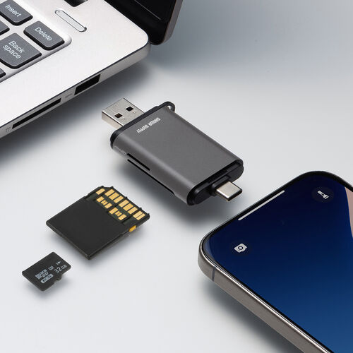 USB-A & USB-C カードリーダー（UHS-II 対応・SDカード・microSDカード・同時認識・コンパクト・USB3.0・Type-C・高速転送・SDXC/SDHC・ガンメタリック）