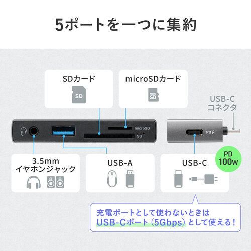 USB-C ハブ（5-in-1・PD100W・充電・SD・microSD・カードリーダー・イヤホンジャック・USB-Aポート・5Gbps・iPhone・iPad・スマホ・タブレット・アルミ製）