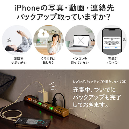 バックアップ付きAC充電器 充電器  iPhone iPad AC一体型 microSD保存 Type-C接続