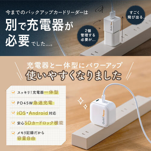 Qubii Power（USB-C・バックアップ ＆ 急速充電・iPhone対応・Android対応・microSD保存・カードリーダー・10年保証・ホワイト）