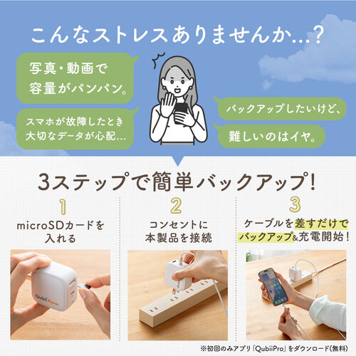 Qubii Power（USB-C・バックアップ ＆ 急速充電・iPhone対応・Android対応・microSD保存・カードリーダー・10年保証・ホワイト）