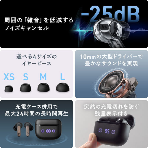 完全ワイヤレスイヤホン（ノイズキャンセリング・Bluetooth5.4・ANC・イヤーピース4種類・最大24時間再生・IPX4・外音取り込み）