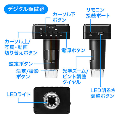 マイクロスコープ（顕微鏡・最大220倍・デジタルズーム最大4倍・液晶モニター・バッテリー内蔵・HDMI出力・三脚・スタンド付）