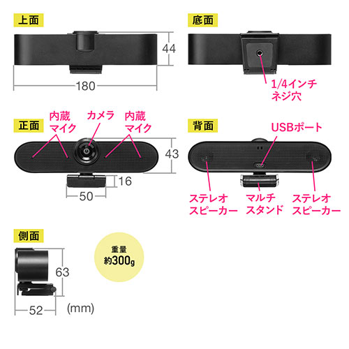 Webカメラ（広角・USB・マイク・スピーカー・高画質・800万画素・Zoom・Skype・会議）