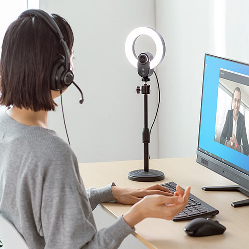 LEDライト一体型 Webカメラ（1080pFHD・3光色・オートフォーカス・マイクなし・スタンド・ウェブ会議・Zoom・Teams・Skype対応）