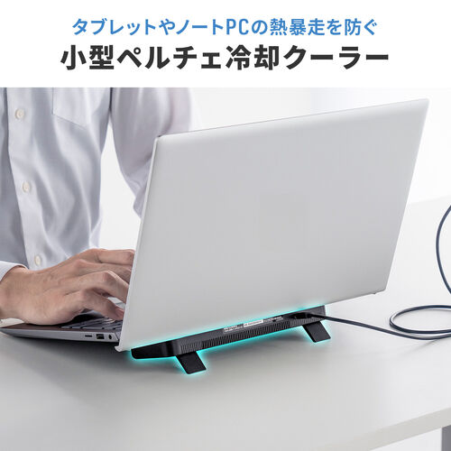 【アウトレット】ペルチェ冷却クーラー（小型・タブレット /ノートパソコンクーラー・冷却台・17インチ対応・USB給電・静音・角度調整・スタンド付き・ブラック）