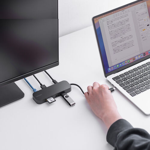 USB-C モバイルドッキングステーション（8-in-1・HDMI・1画面・PD100W・急速充電・SD/microSDカードリーダー・有線LAN・USB-A・4K/30Hz・5Gbps・USBハブ）