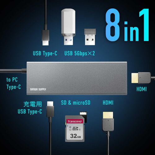 USB-C モバイルドッキングステーション（8-in-1・HDMI・フルHD・2画面・PD100W・急速充電・SD/microSDカードリーダー・USB-A・5Gbps・USBハブ・薄型）