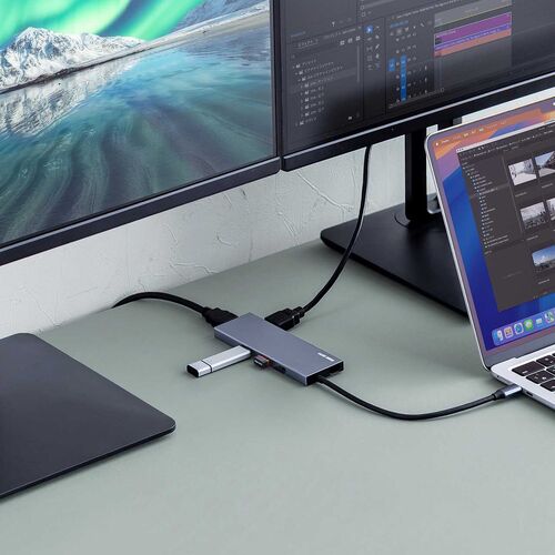 USB-C モバイルドッキングステーション（7-in-1・HDMI・4K/30Hz・2画面・PD100W・急速充電・USB-A・5Gbps・USBハブ・薄型・ガンメタリック）