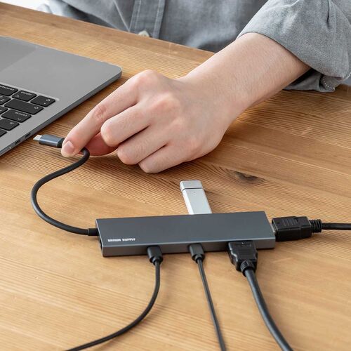 USB-C モバイルドッキングステーション（7-in-1・HDMI・4K/30Hz・2画面・PD100W・急速充電・USB-A・5Gbps・USBハブ・薄型・ガンメタリック）