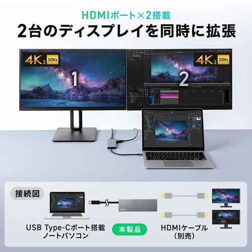 USB-C モバイルドッキングステーション（7-in-1・HDMI・4K/30Hz・2画面・PD100W・急速充電・USB-A・5Gbps・USBハブ・薄型・ガンメタリック）