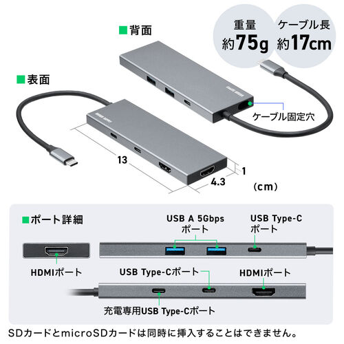 USB-C モバイルドッキングステーション（7-in-1・HDMI・4K/30Hz・2画面・PD100W・急速充電・USB-A・5Gbps・USBハブ・薄型・ガンメタリック）