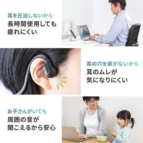 骨伝導ヘッドセット（有線タイプ・USB A接続 ・マイク付き・ケーブル長1.4m・軽量38g・ながら聴きイヤホン・在宅ワーク・軽量・長時間着用） HS047