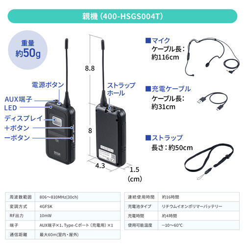 ワイヤレスガイドシステム（親機・ガイド用イヤホンマイク・ツアーガイドシステムマイク・単方向通信・1チャンネル最大100台接続・工場見学・旅行・団体・無線・シスガイド・軽量）