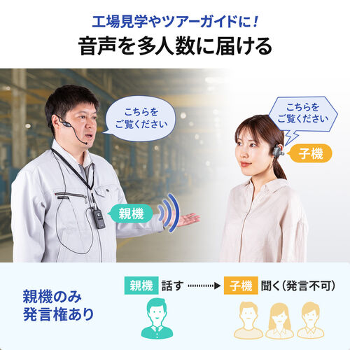 ワイヤレスガイドシステム（親機・ガイド用イヤホンマイク・ツアーガイドシステムマイク・単方向通信・1チャンネル最大100台接続・工場見学・旅行・団体・無線・シスガイド・軽量）
