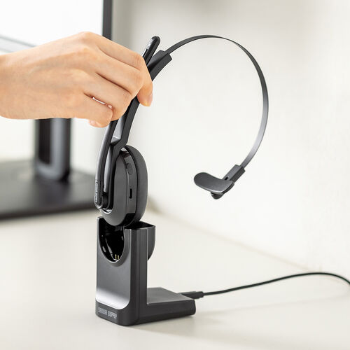 ワイヤレスヘッドセット（業務用・充電スタンド付き・片耳・遅延の少ない2.4GHz・最大通話約25時間・ノイズキャンセリングマイク付き・ミュートボタン・USB接続）