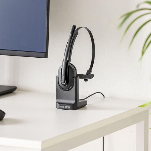 ワイヤレスヘッドセット（業務用・充電スタンド付き・片耳・遅延の少ない2.4GHz・最大通話約25時間・ノイズキャンセリングマイク付き・ミュートボタン・USB接続）