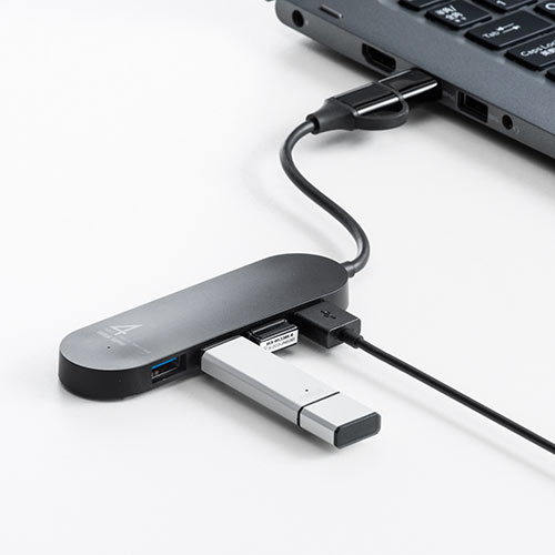 USB Type-Cハブ（USB A変換アダプタ付き・4ポート・USB3.1 Gen1・USB 3.0・バスパワー・ブラック）