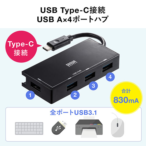 USB Type-Cハブ（4ポート・USB3.1 Gen1・USB3.0・HUB・バスパワー・ケーブル収納・3+1ポート・ブラック）