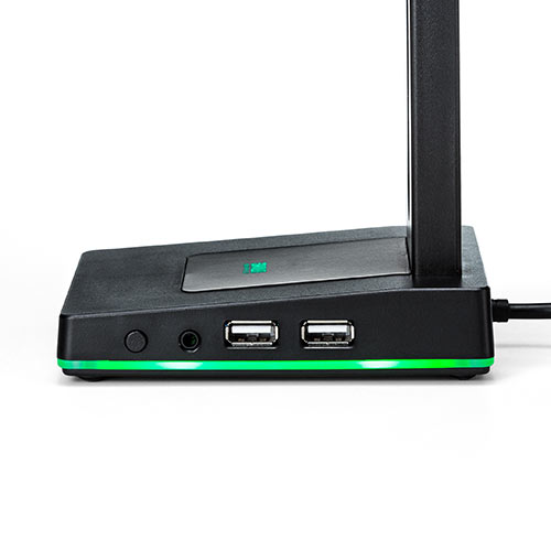ヘッドホンスタンド（LED内蔵・ゲーミング・USB 2.0・2ポート・3.5mmステレオミニジャック・LED色切替ボタン内蔵・ブラック）