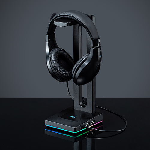 ヘッドホンスタンド（LED内蔵・ゲーミング・USB 2.0・2ポート・3.5mmステレオミニジャック・LED色切替ボタン内蔵・ブラック）