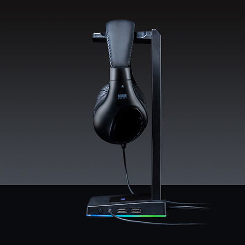ヘッドホンスタンド（LED内蔵・ゲーミング・USB 2.0・2ポート・3.5mmステレオミニジャック・LED色切替ボタン内蔵・ブラック）