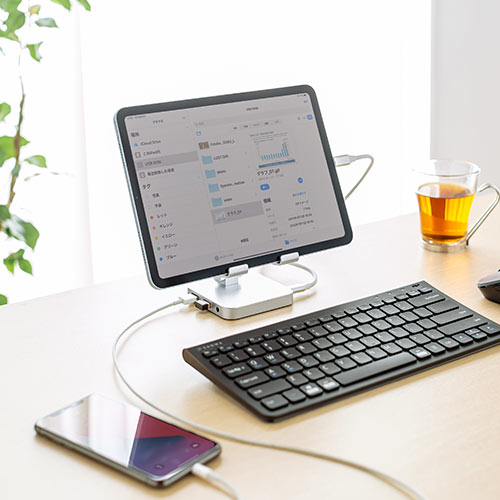 ドッキングステーション（USBハブ・Type-C・スマホ・タブレット・スタンドタイプ・PD60W・4K・7in1・HDMI・USB3.0・SD・microSDカード・シルバー） HUB088SN