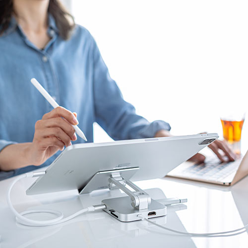 ドッキングステーション（USBハブ・Type-C・スマホ・タブレット・スタンドタイプ・PD60W・4K・7in1・HDMI・USB3.0・SD・microSDカード・シルバー） HUB088SN