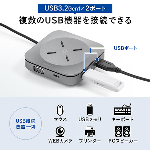 ドッキングステーション（USBハブ・コンパクト・ 巻き取り・収納・Type-C・PD100W・4K対応・5in1・HDMI・VGA・Qi・ワイヤレス充電） HUB093S サンワサプライ