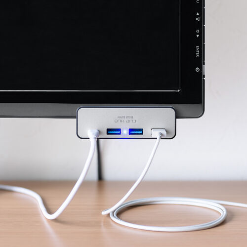 クリップ式USBハブ（Type-A接続・4ポート・クランプ固定・Type-C×1ポート・USB A×3ポート・机固定・1.5mケーブル・シルバー）