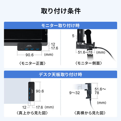 クリップ式USBハブ（Type-A接続・4ポート・クランプ固定・Type-C×1ポート・USB A×3ポート・机固定・1.5mケーブル・シルバー）